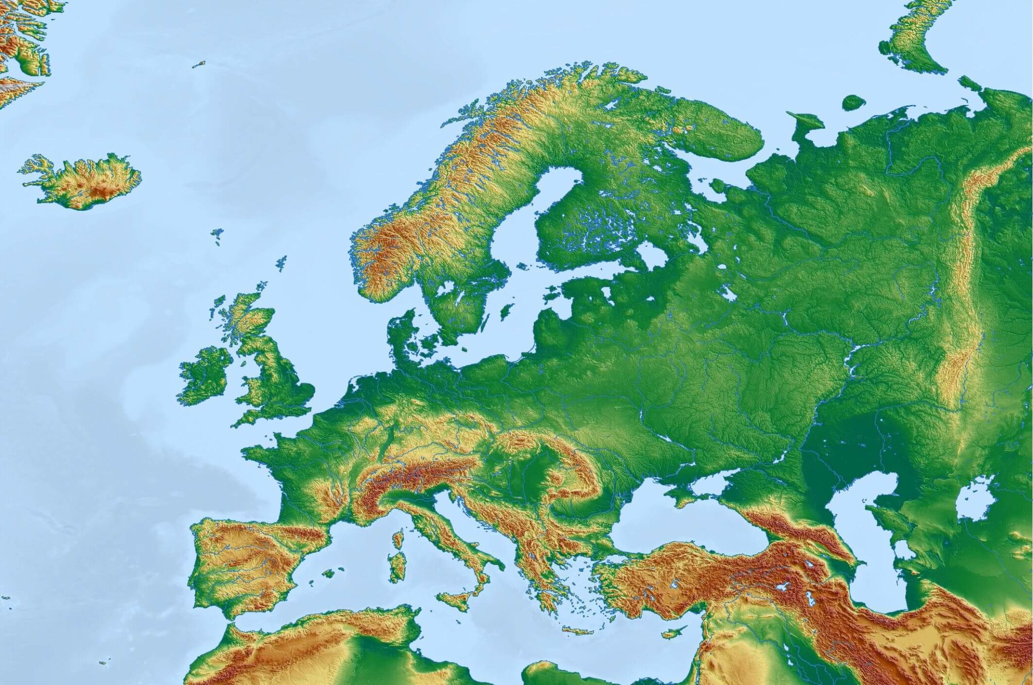 Free Physical Map of Europe (Miller) – License: CC0 / Public Domain