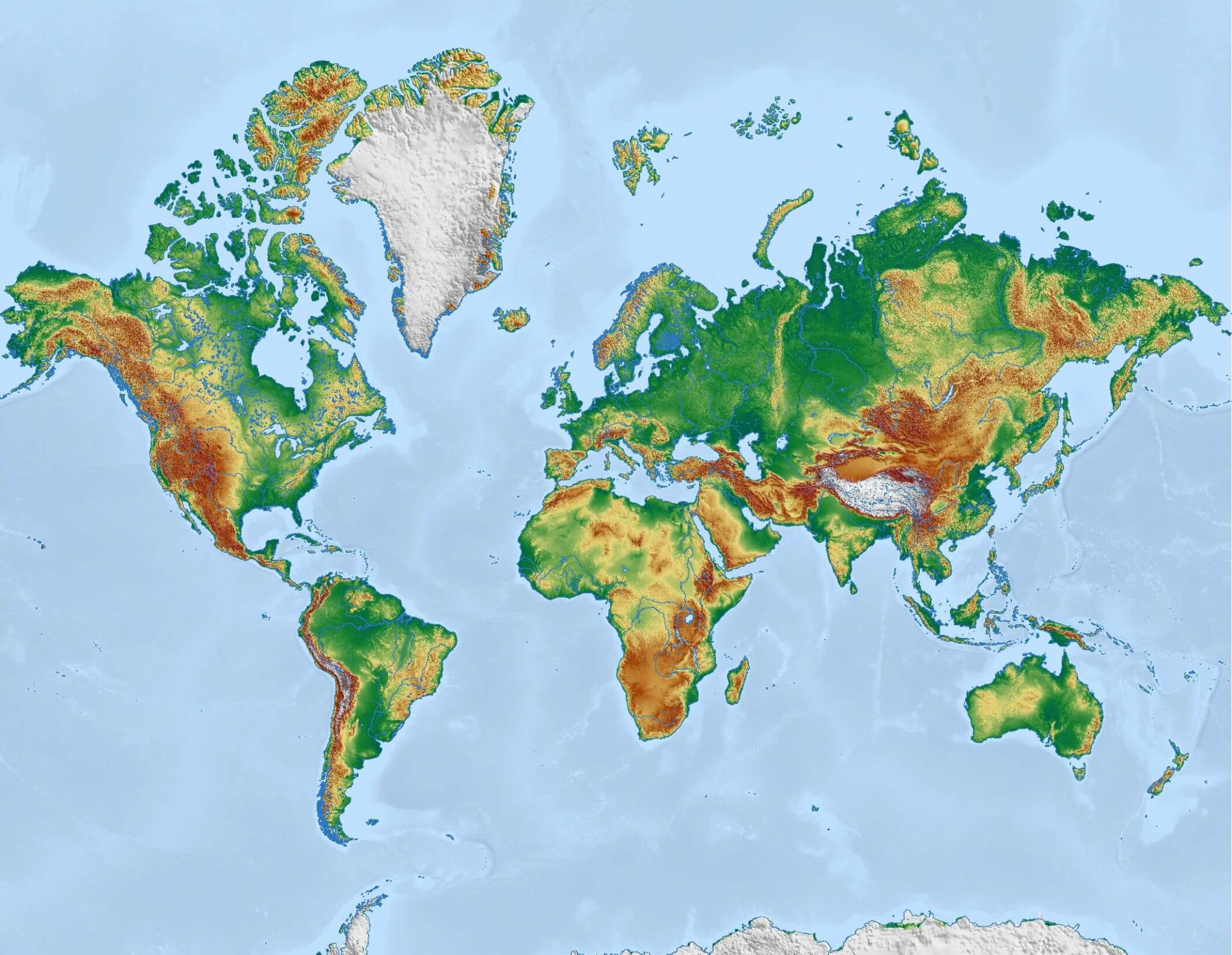 Free Physical Map of the World (Mercator) – License: CC0 / Public Domain